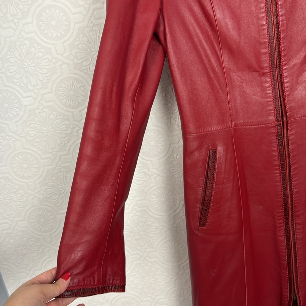 Vintage Retro Red Leather Jacket Longline Trench Old School 90s‎ Y2K Spice Girls - Picture 8 of 14